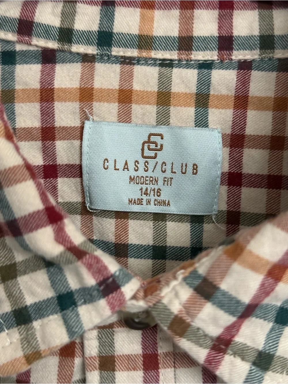 Class Club Boy’s Long Sleeve Ivory Plaid Button Up Sport Shirt LIKE NEW 14/16